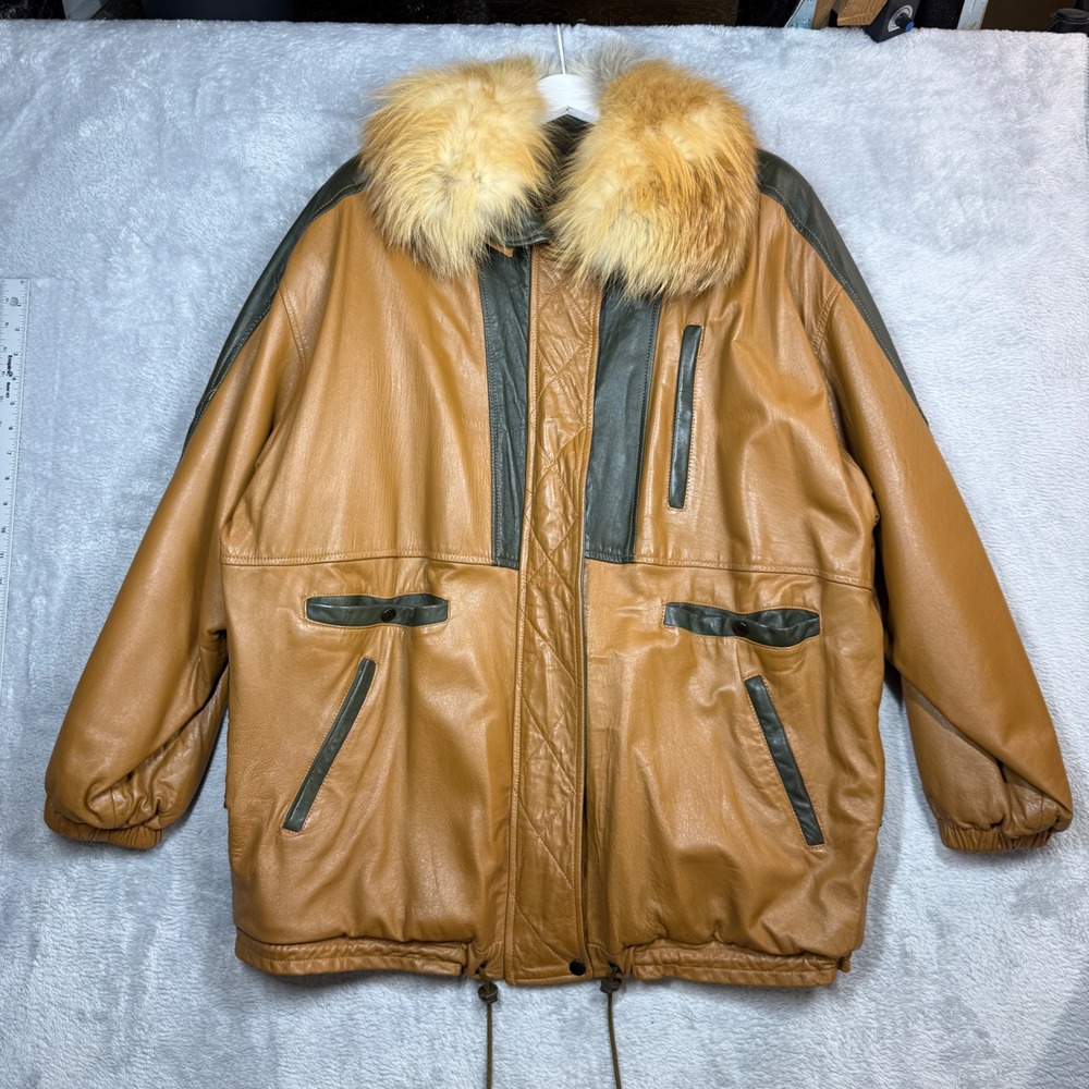 Vintage Willy Leather Jacket Mens XL Brown Green Fox Fur Collar USA 90s Y2K